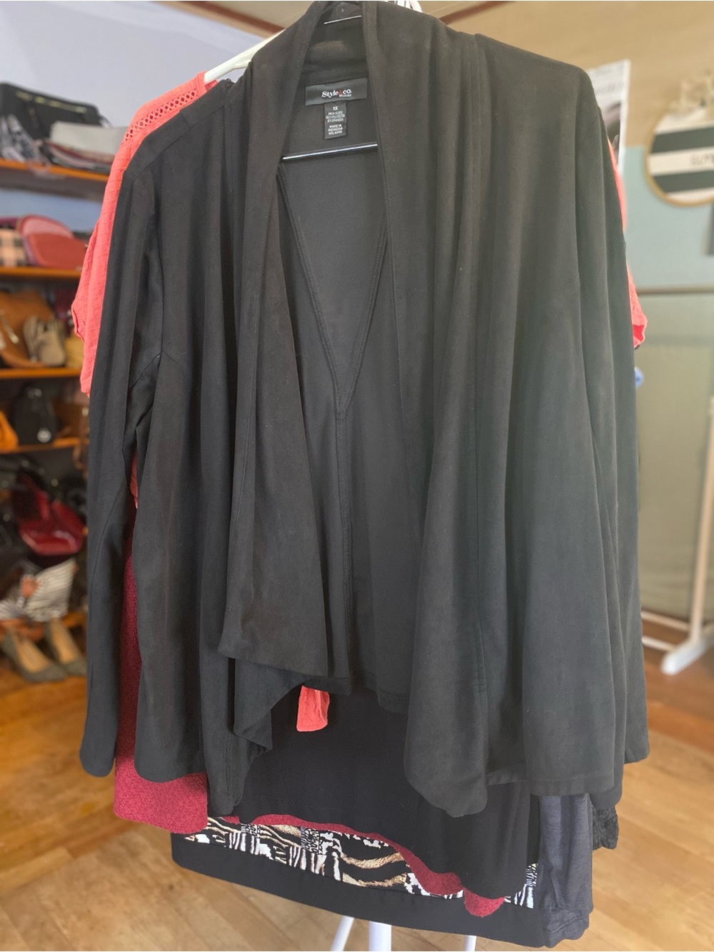 Style & Co. Black Draped Open-Front Cardigan (suede feel)